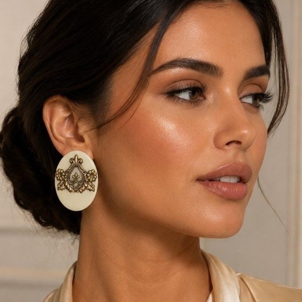 Vintage Baroque Gold Ivory Statement Earrings 80s Runway Pierced Dangle Earrings
